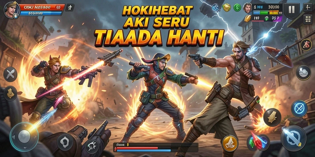Antarmuka HOKIHEBAT yang penuh aksi dan dinamis.